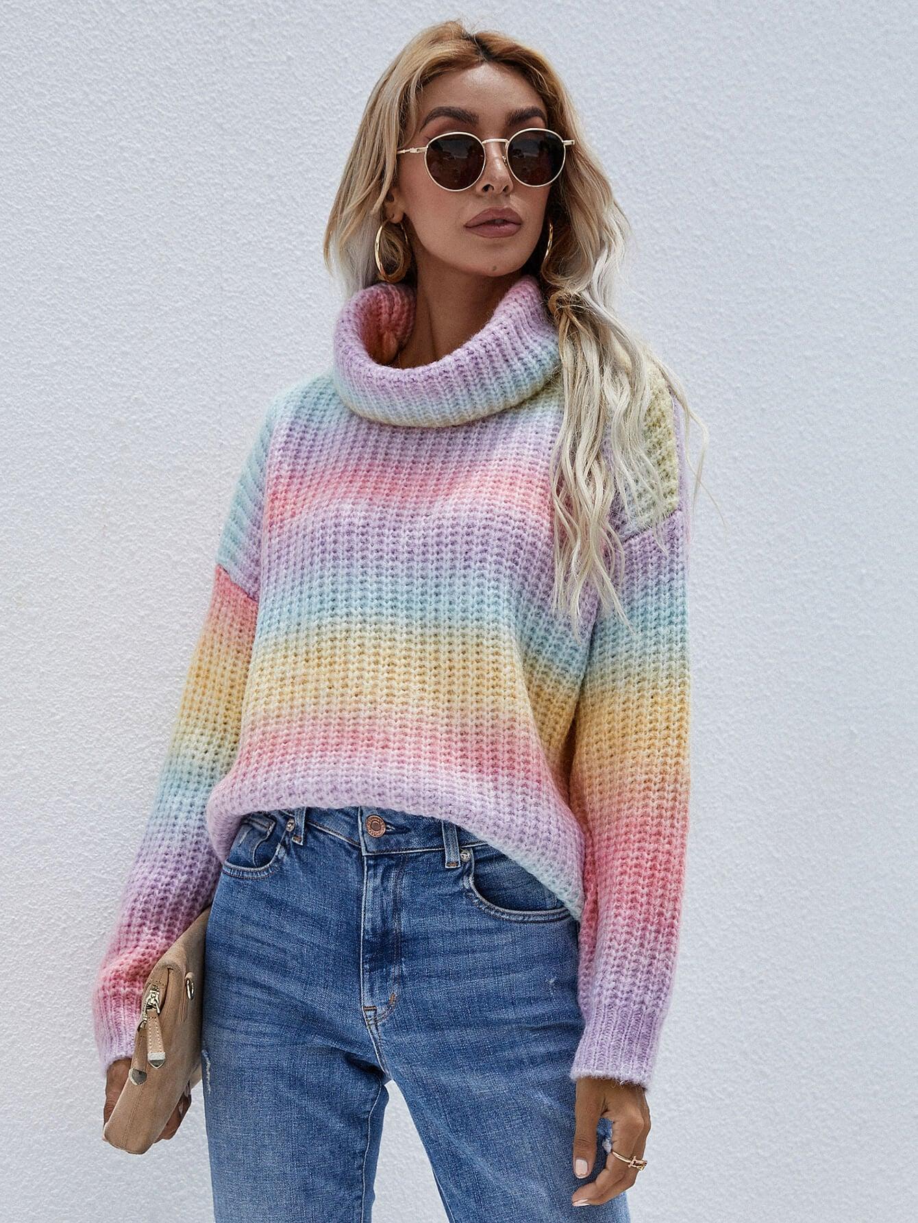 Rainbow Rib-Knit Turtleneck Drop Shoulder Sweater - Flyclothing LLC