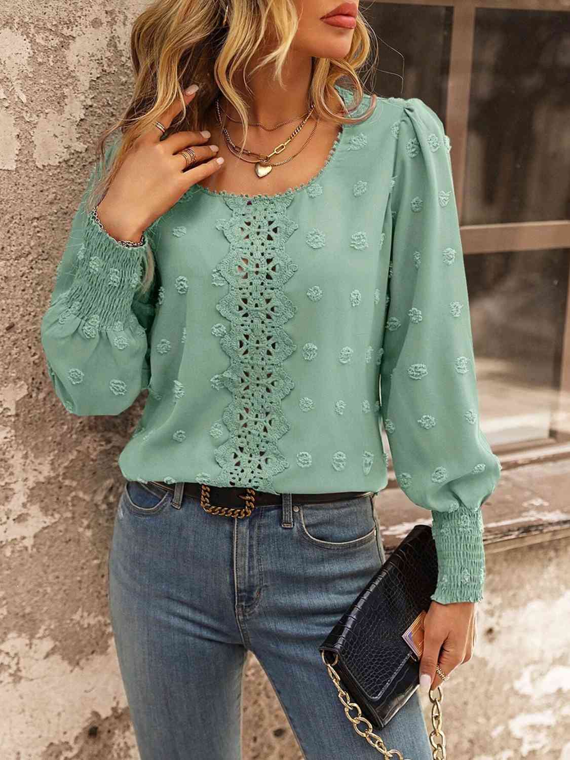 Swiss Dot Lace Detail Blouse - Flyclothing LLC