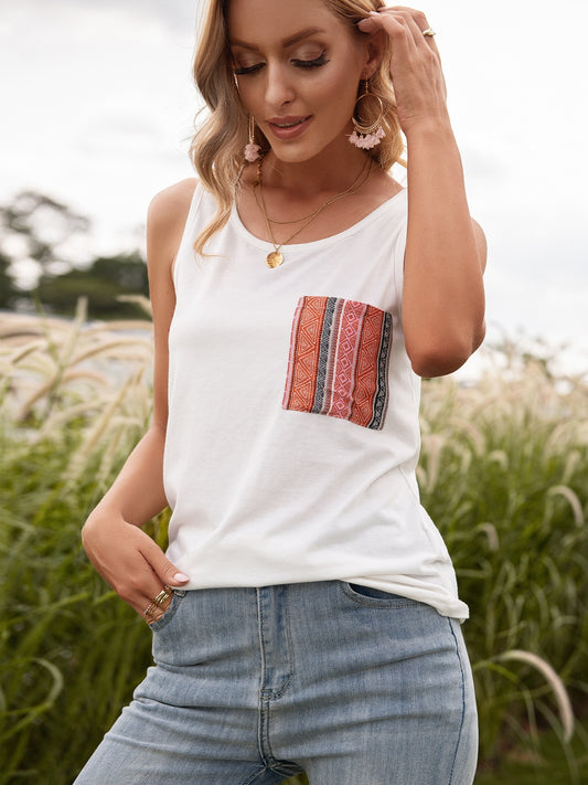 Pocketed Printed Round Neck Tank - Flyclothing LLC