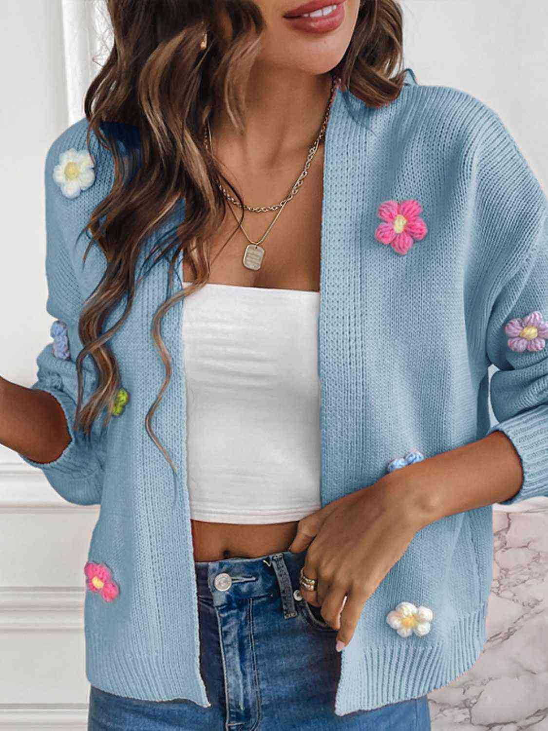 Floral Long Sleeve Open Front Cardigan - Flyclothing LLC