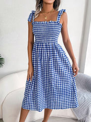 Frill Plaid Square Neck Midi Dress - Flyclothing LLC