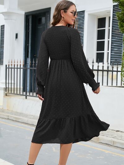 Swiss Dot V-Neck Smocked Lantern Sleeve Ruffle Hem Dress - Flyclothing LLC