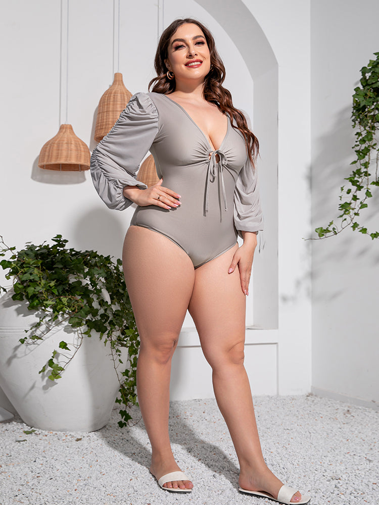 Plus Size Tied Deep V Balloon Sleeve One-Piece Swimsuit - Flyclothing LLC