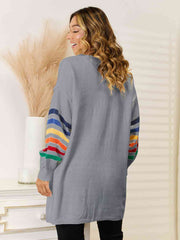 Striped Open Front Dropped Shoulder Cardigan - Flyclothing LLC