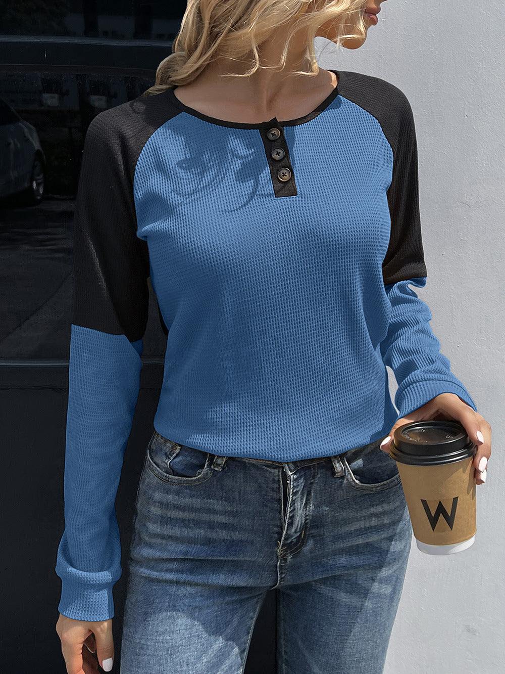 Contrast Buttoned Round Neck Raglan Sleeve Top - Flyclothing LLC