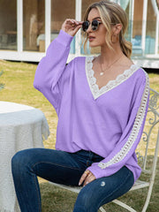 Contrast Spliced Lace V-Neck Top - Flyclothing LLC