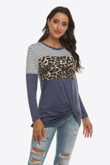 Mixed Print Gathered Detail Long Sleeve Top - Flyclothing LLC