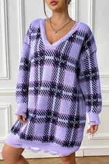 Plaid V-Neck Long Sleeve Sweater Dress - Flyclothing LLC