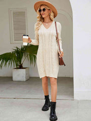 Cable-Knit V-Neck Mini Sweater Dress - Flyclothing LLC