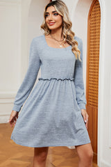 Frill Square Neck Long Sleeve Dress - Flyclothing LLC