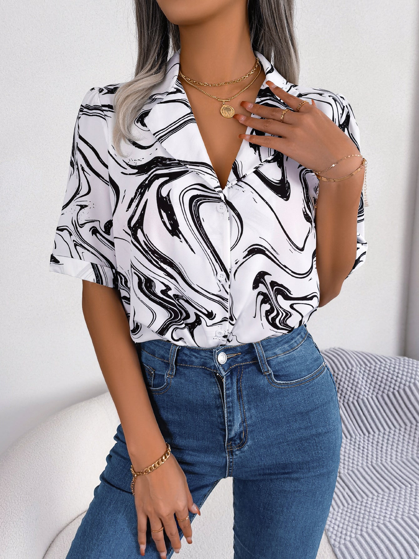 Printed Lapel Collar Shirt - Flyclothing LLC