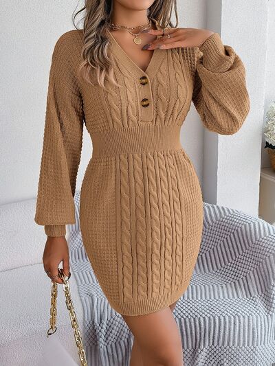 Buttoned Cable-Knit V-Neck Sweater Dress - Flyclothing LLC