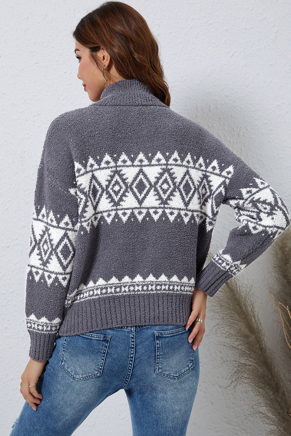 Zip-Up Geometrical Pattern Pullover Sweater - Flyclothing LLC