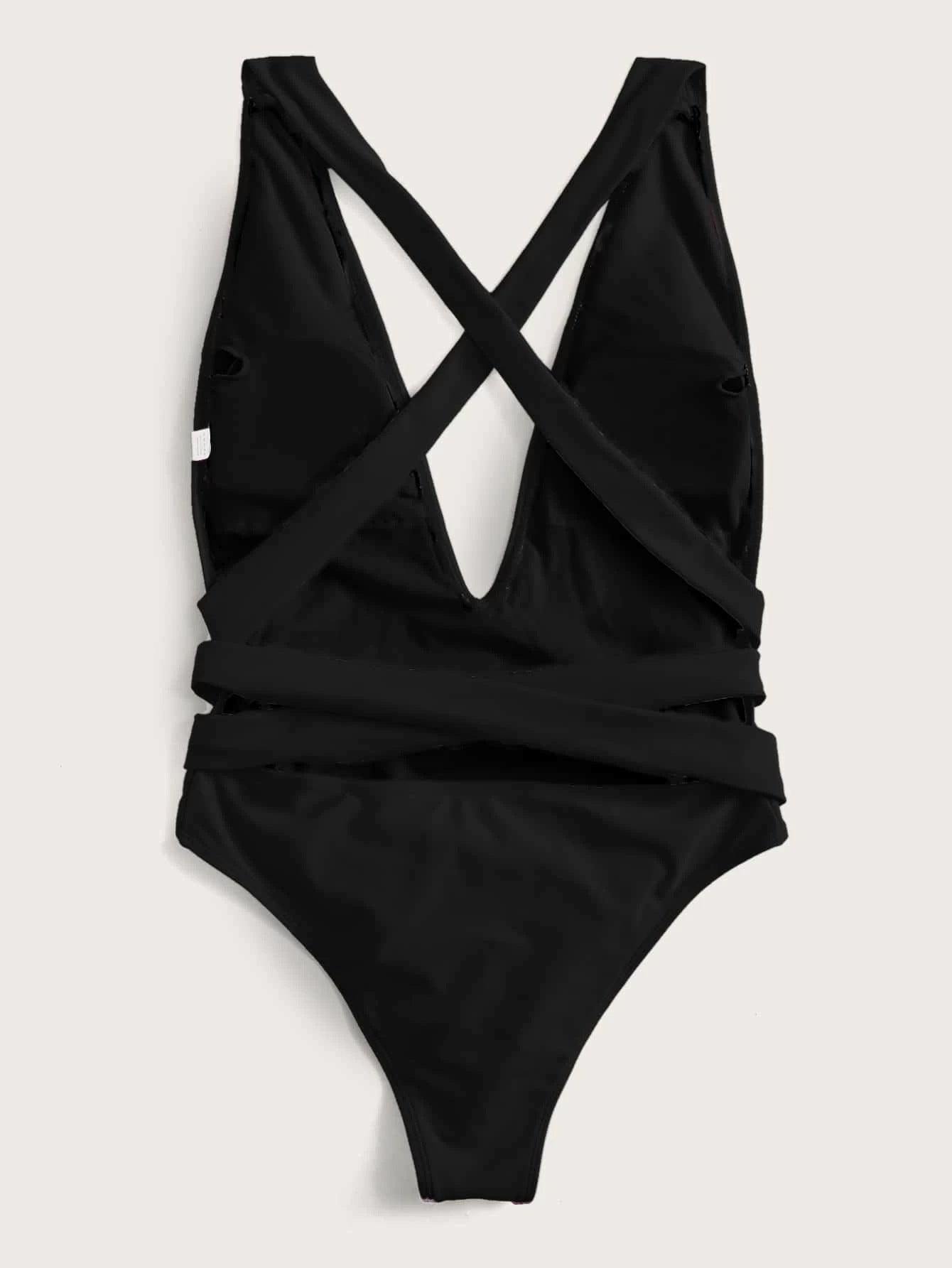 Halter Neck Deep V Tied One-Piece Swimsuit - Flyclothing LLC