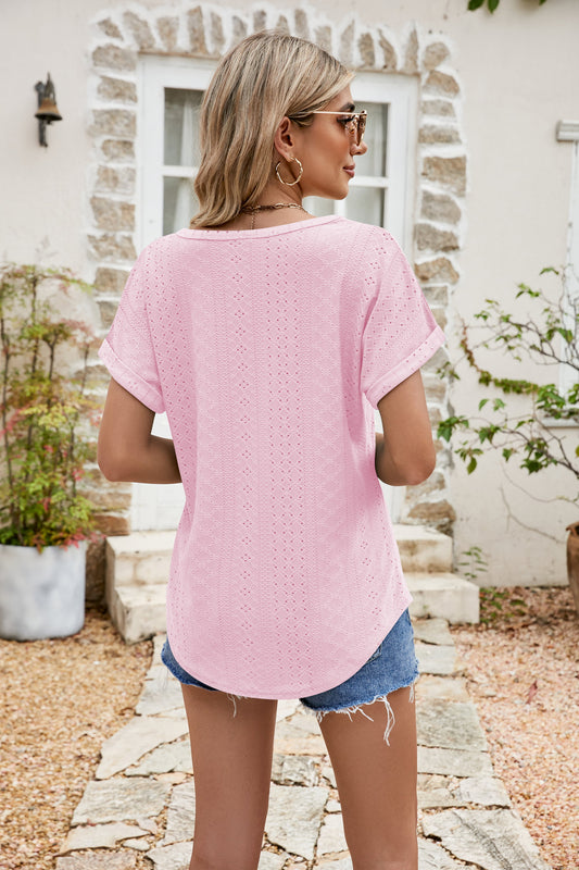 Full Size Round Neck Eyelet Short Sleeve Top - Flyclothing LLC