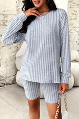 Ribbed Round Neck Dropped Shoulder Top and Shorts Set - Flyclothing LLC