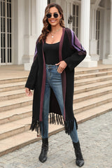 Geometric Fringe Hem Open Front Duster Cardigan - Flyclothing LLC