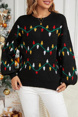 Round Neck Pattern Lantern Sleeve Sweater - Flyclothing LLC