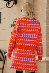 Geometric Dropped Shoulder Cardigan and Knit Skirt Set - Flyclothing LLC