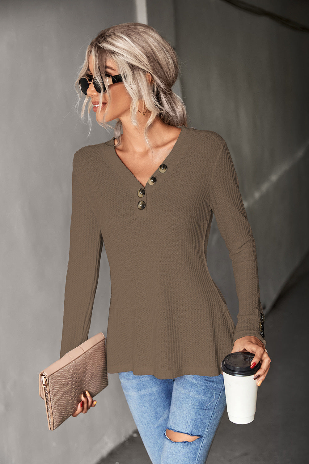 Waffle-Knit Button Detail V-Neck Top - Flyclothing LLC