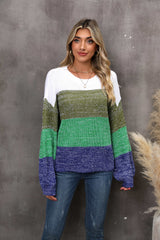 Color Block Round Neck Dropped Shoulder Sweater - Flyclothing LLC