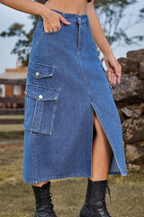 Slit Front Midi Denim Skirt with Pockets - Flyclothing LLC