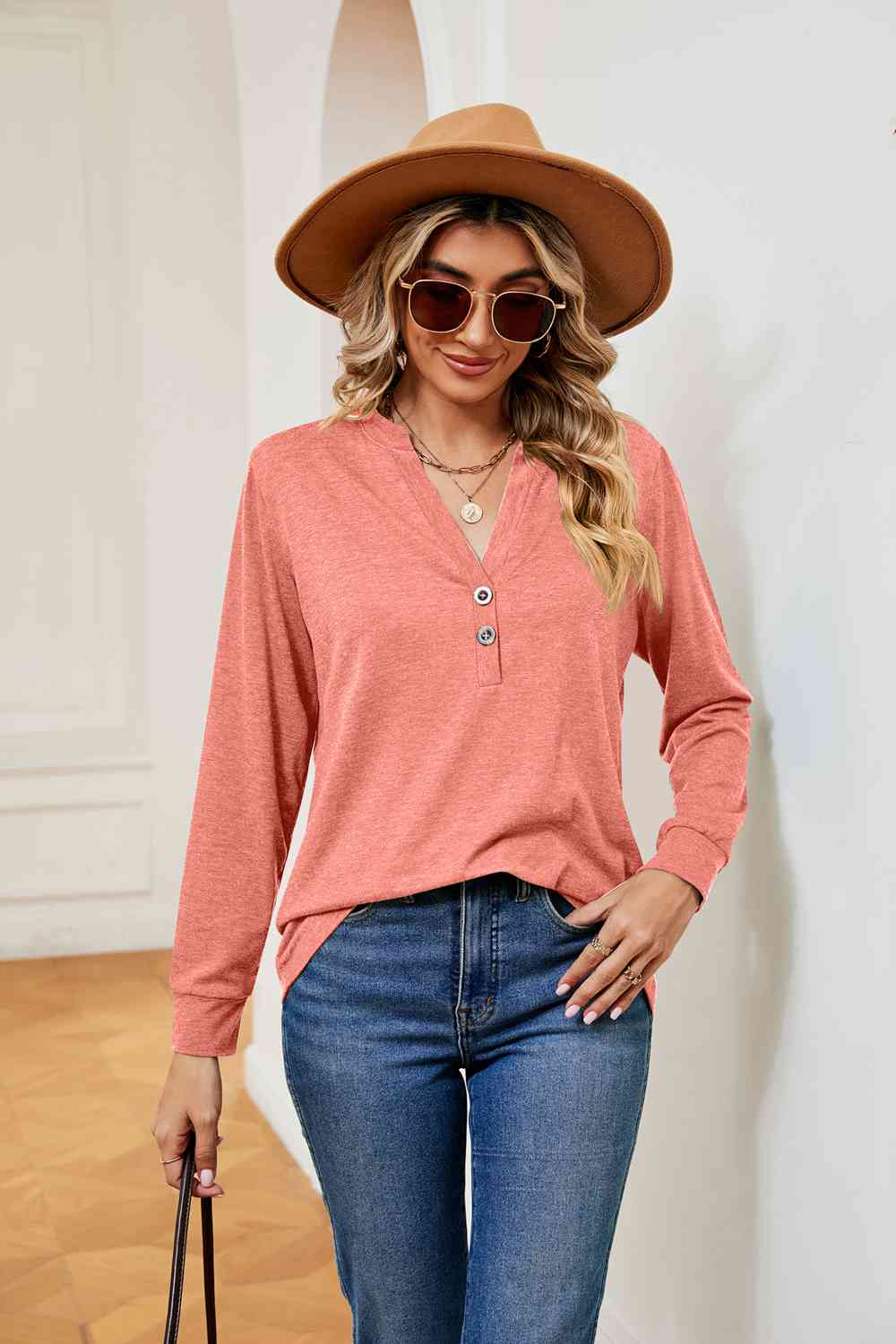 Buttoned Notched Neck Long Sleeve Top - Flyclothing LLC