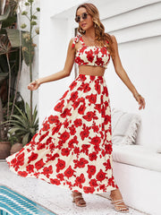 Floral Tie Shoulder Top and Tiered Maxi Skirt Set - Flyclothing LLC