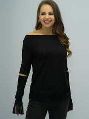 Full Size Off-Shoulder Cutout Fringe Hem Top - Flyclothing LLC