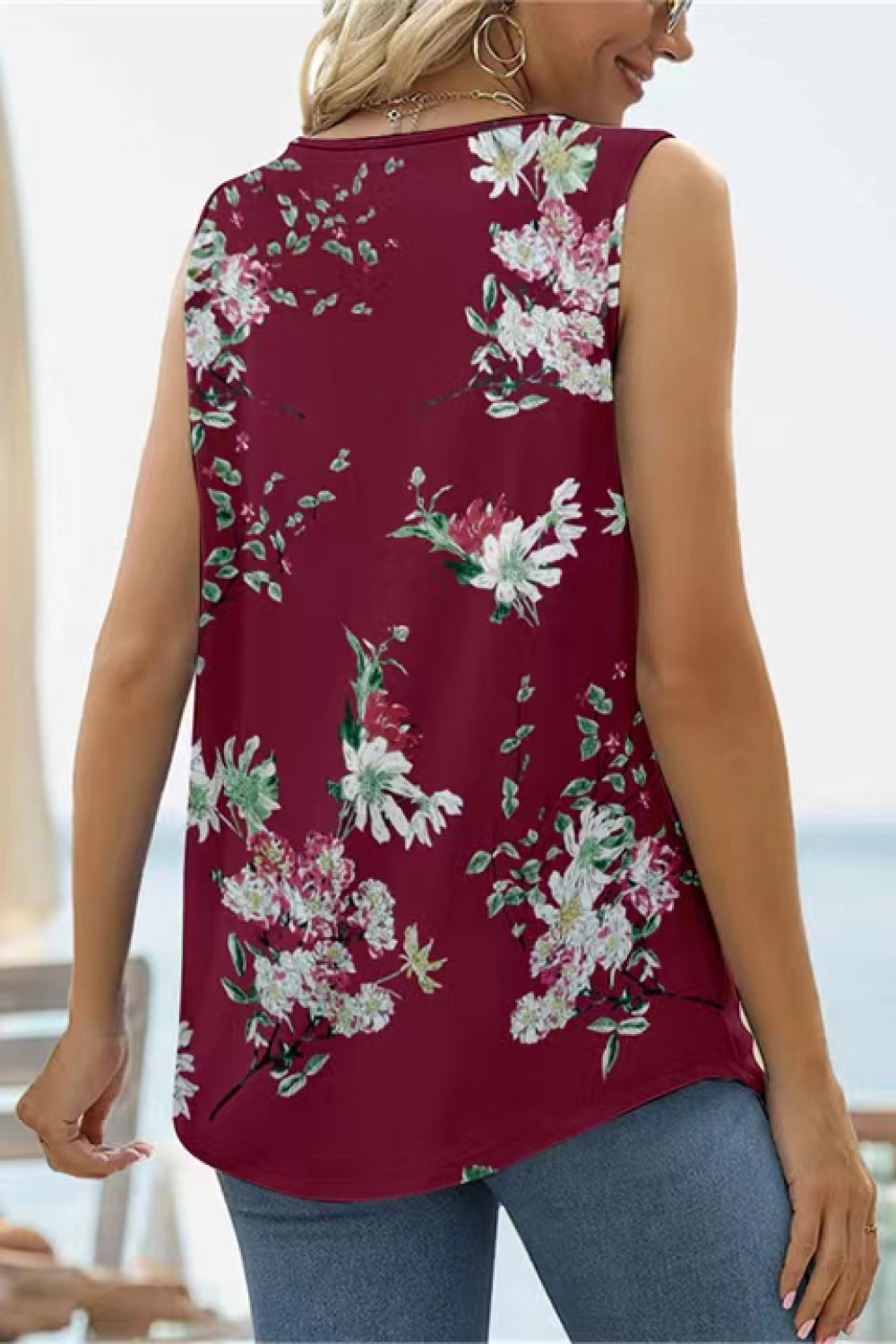 Printed Square Neck Curved Hem Tank - Flyclothing LLC