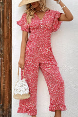 Printed Tie Back Ruffled Jumpsuit - Flyclothing LLC