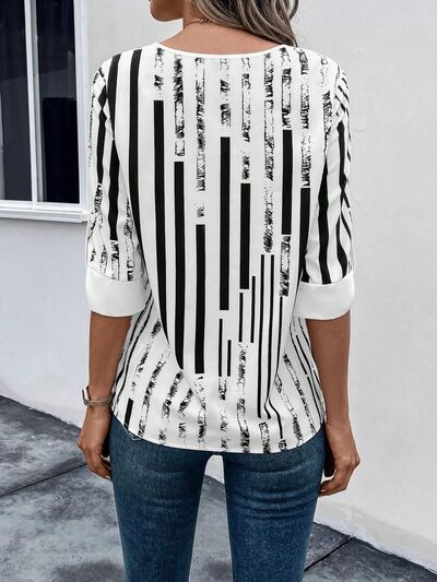 Striped Notched Half Sleeve Blouse - Flyclothing LLC