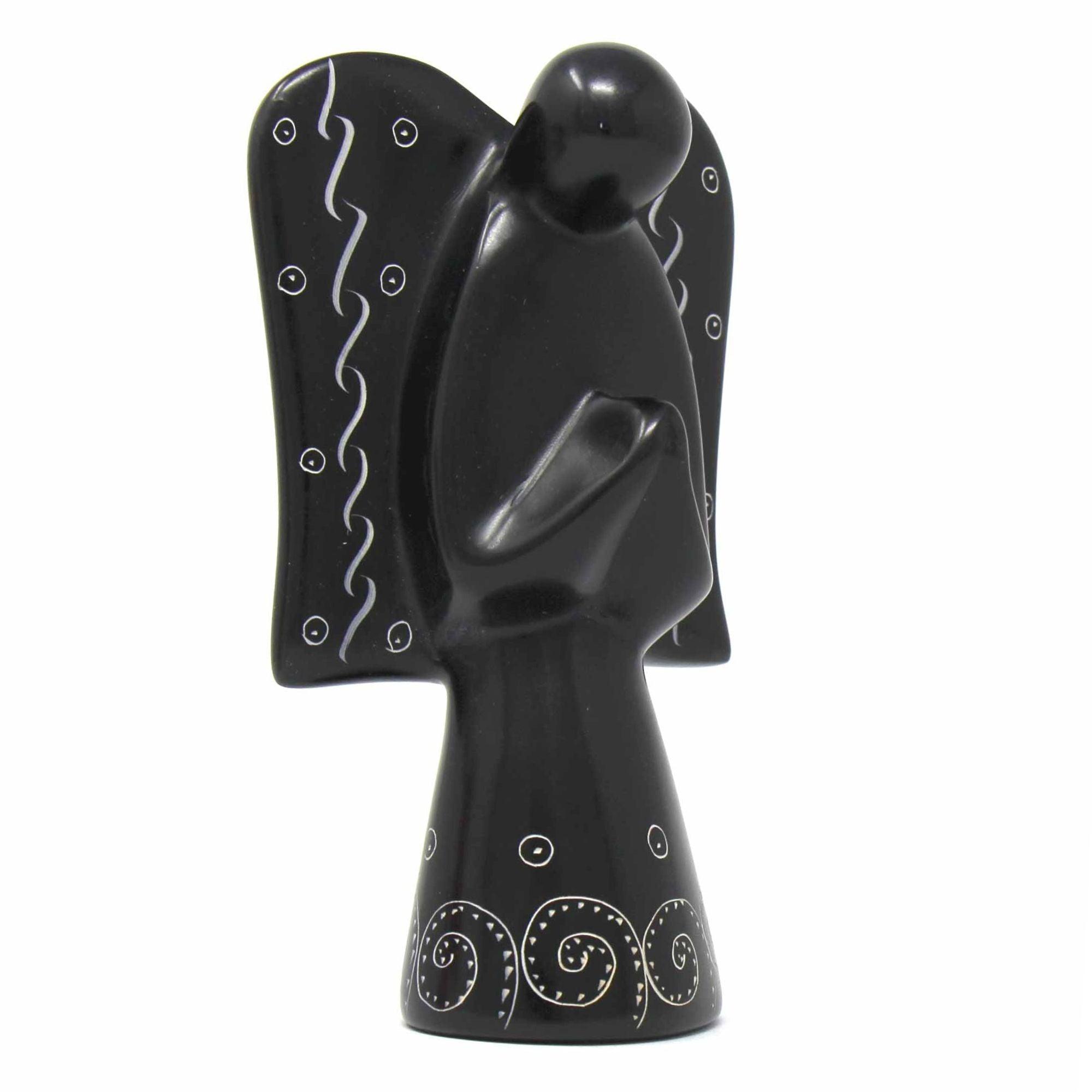 Soapstone Angel Sculpture - Black Finish with Etch Design - Flyclothing LLC