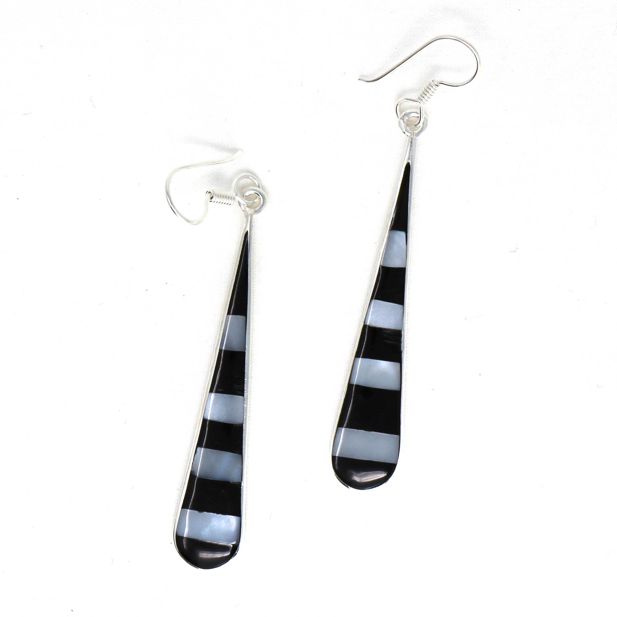 Taxco Silver Black Onyz & Abalone Zebra Long Teardrop Earrings - Flyclothing LLC