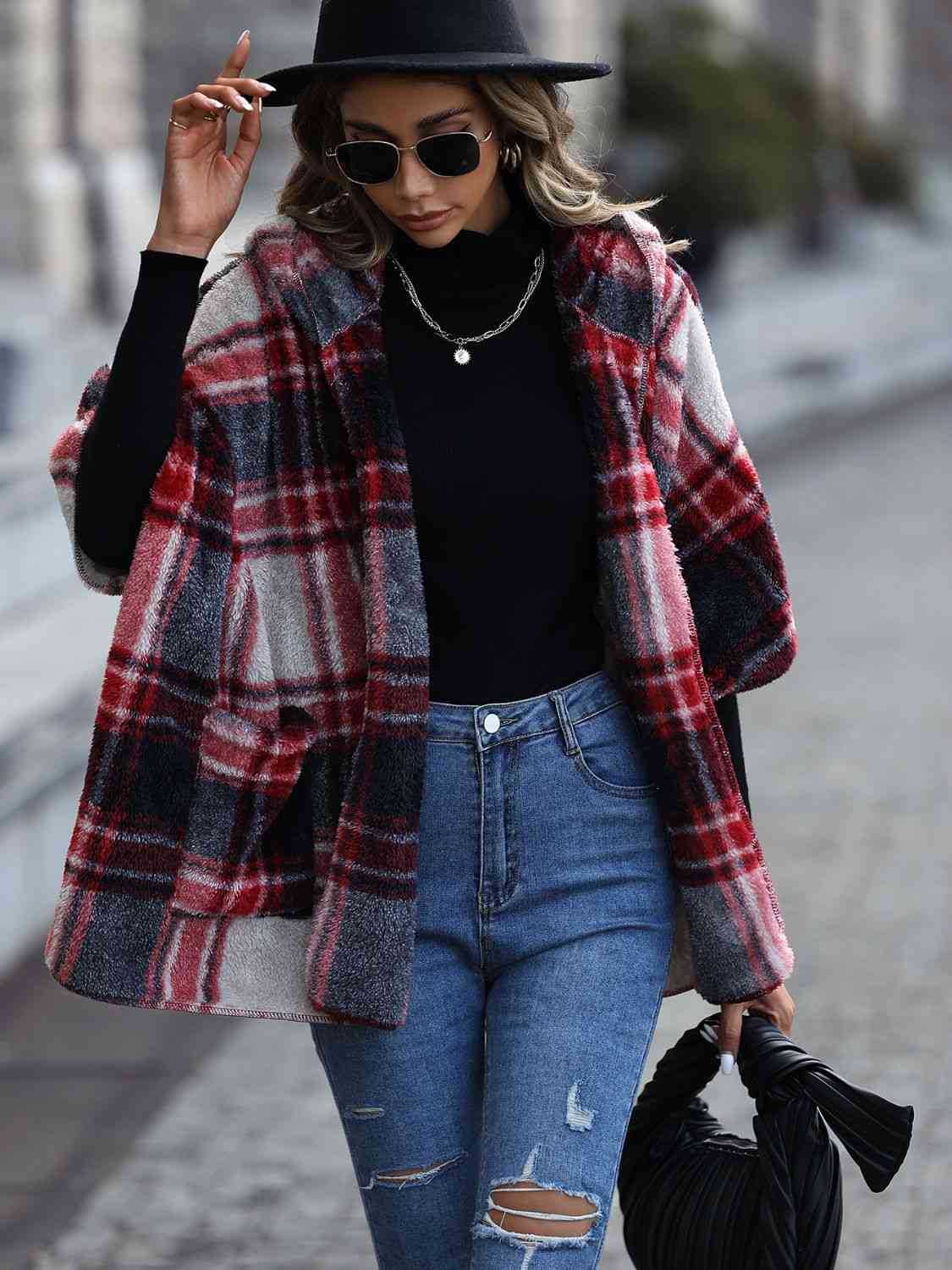 Plaid Hooded Coat with Pockets - Flyclothing LLC