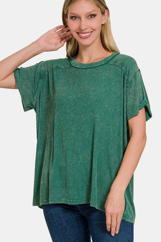 Zenana Washed Ribbed Short Sleeve Top - Flyclothing LLC