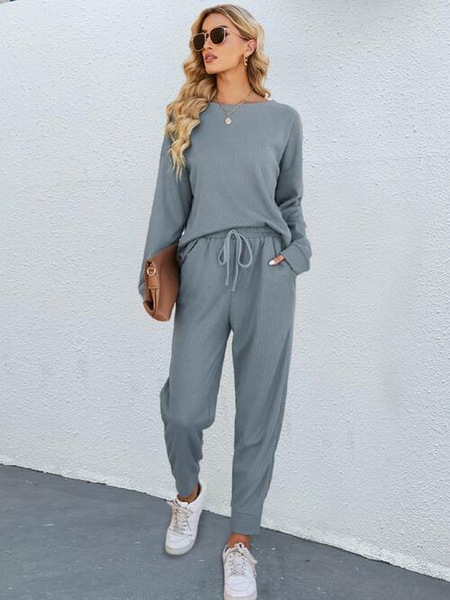 Round Neck Top and Drawstring Pants Set - Flyclothing LLC