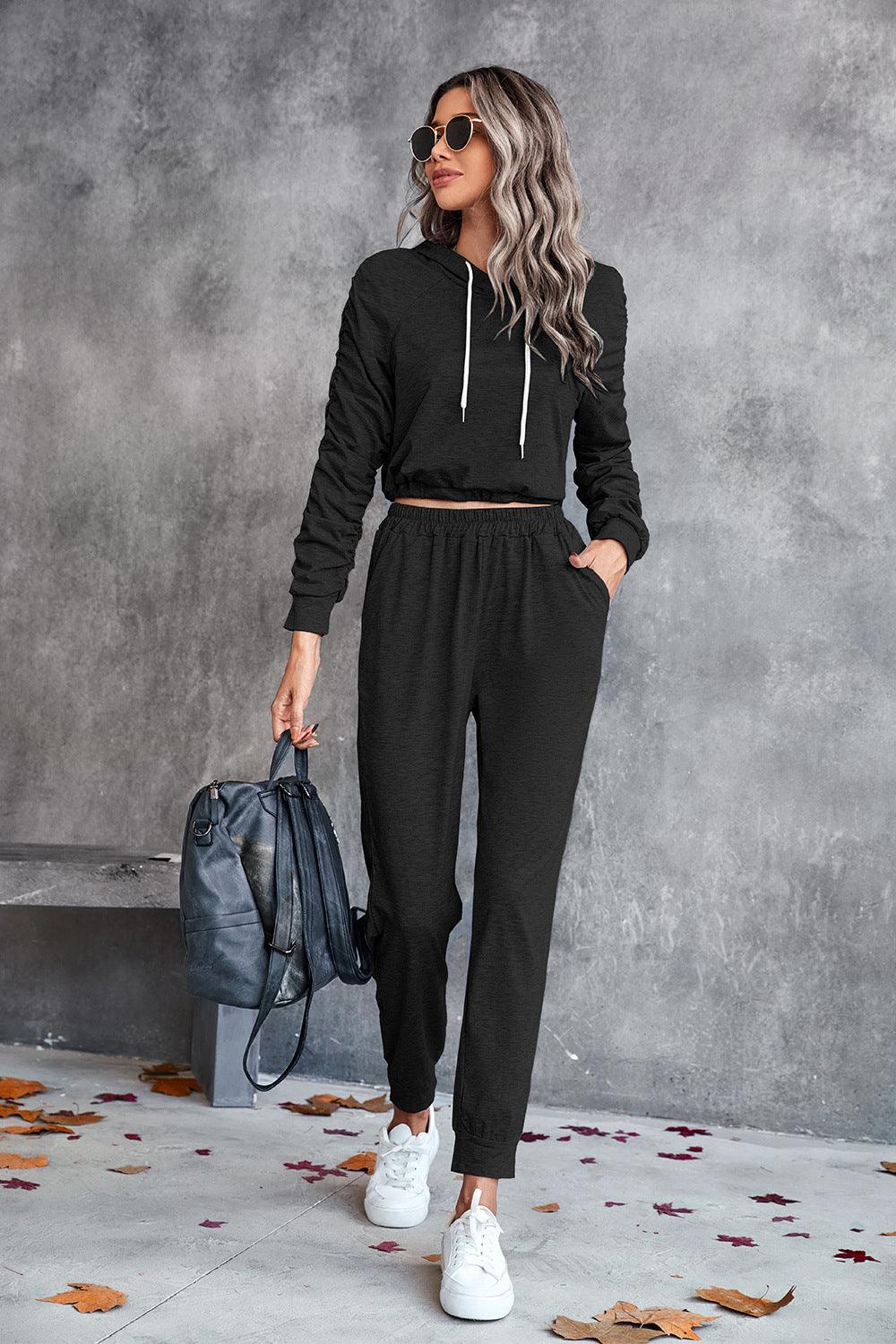 Ruched Raglan Sleeve Hoodie and Joggers Set - Flyclothing LLC