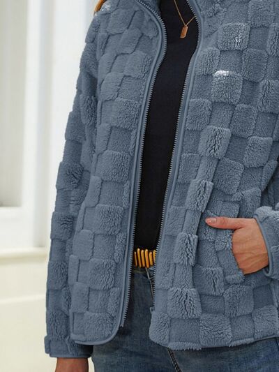 Fuzzy Checkered Zip Up Jacket - Flyclothing LLC