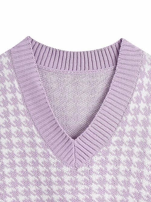 Houndstooth V-Neck Sweater Vet - Trendsi