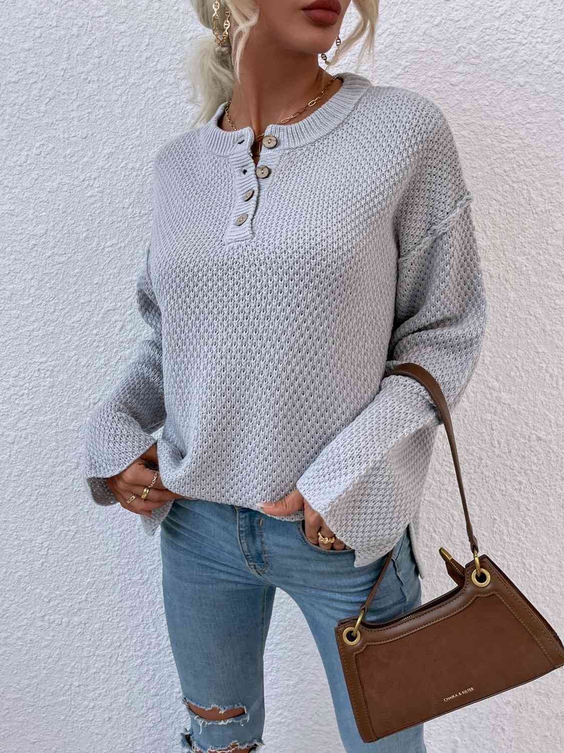 Quarter-Button Slit Sweater - Flyclothing LLC