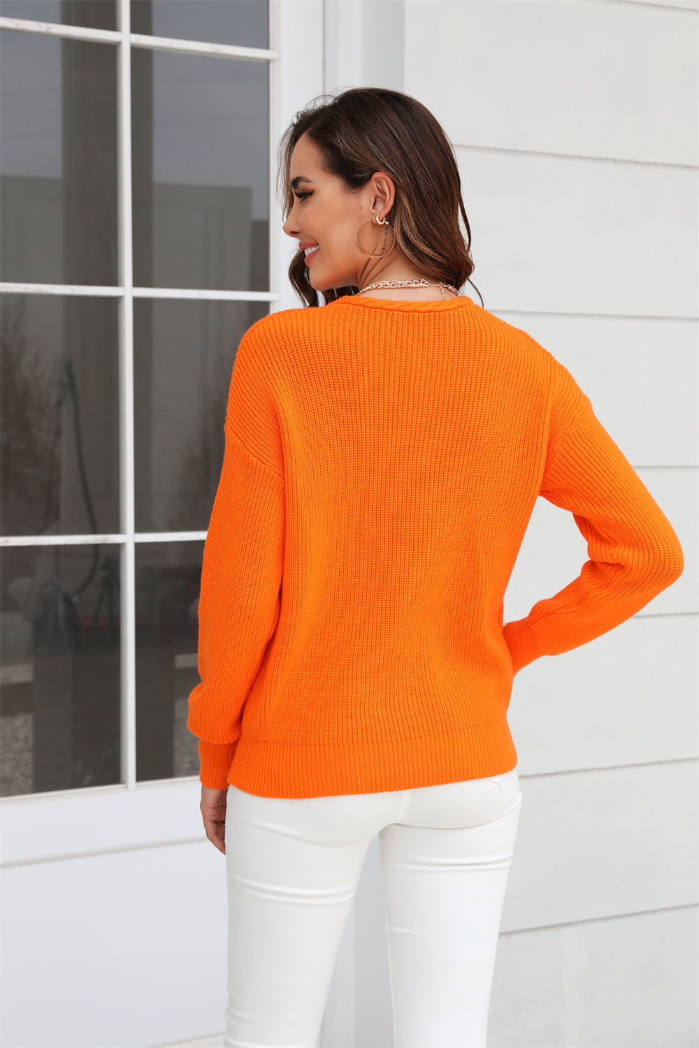 Ribbed V-Neck Dropped Shoulder Knit Top - Trendsi