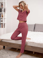 Round Neck Short Sleeve Top and Pants Lounge Set - Flyclothing LLC