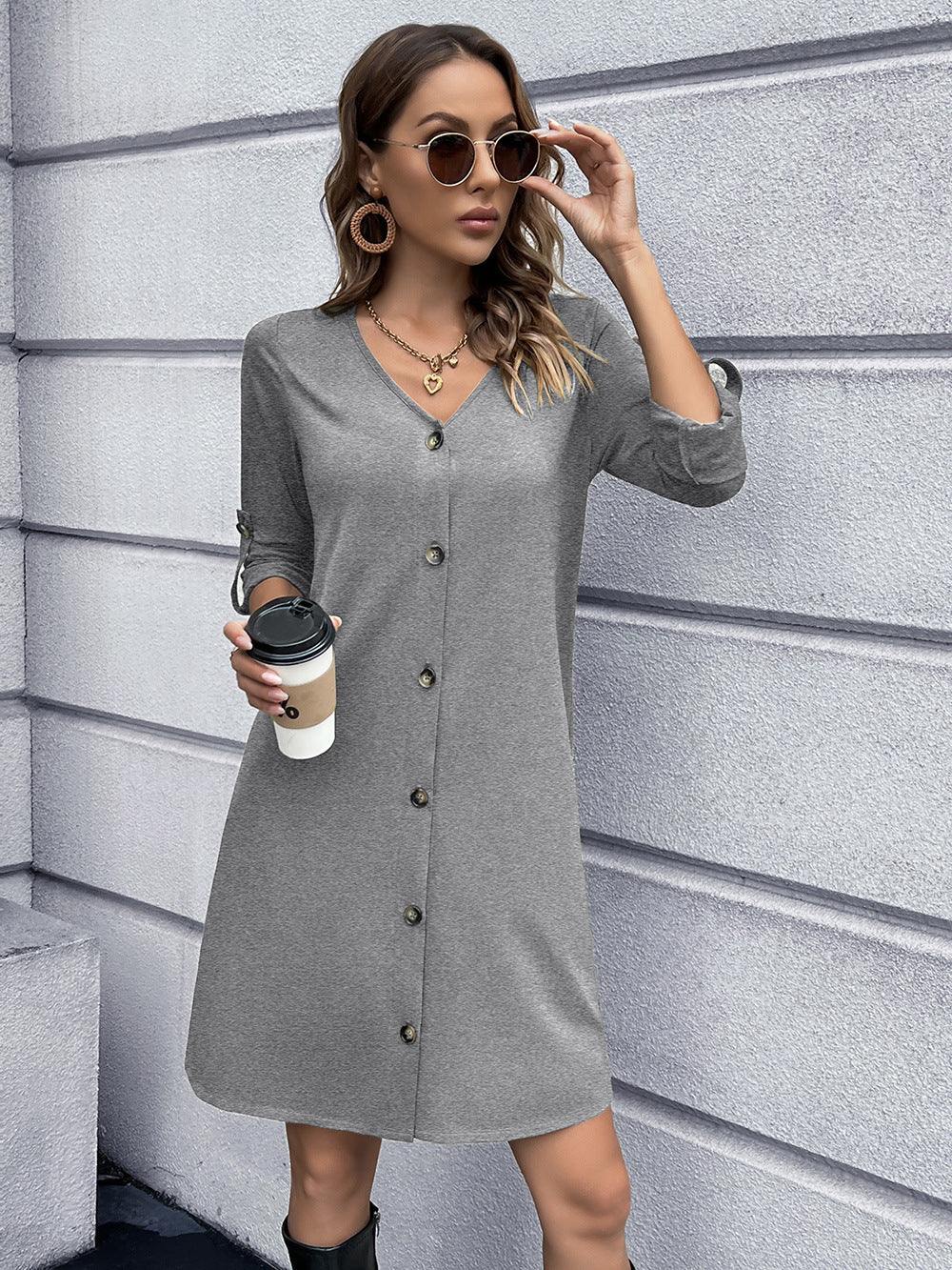 Button Down V-Neck Mini Dress - Flyclothing LLC