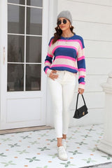 Color Block Round Neck Dropped Shoulder Sweater - Flyclothing LLC