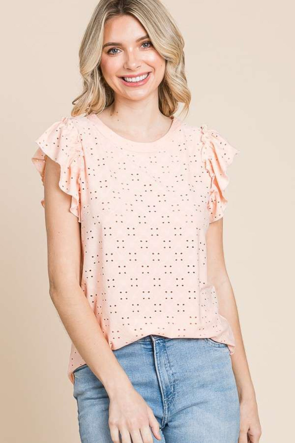 Culture Code Eyelet Round Neck Ruffled Cap Sleeve Top - Flyclothing LLC