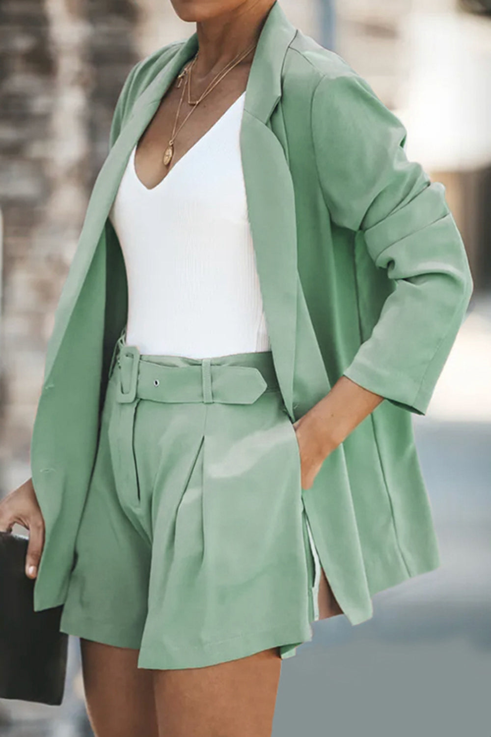 Longline Blazer and Shorts Set with Pockets - Flyclothing LLC