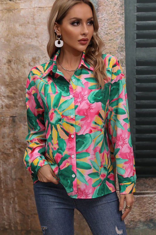 Floral Print Collared Neck Long Sleeve Shirt - Flyclothing LLC