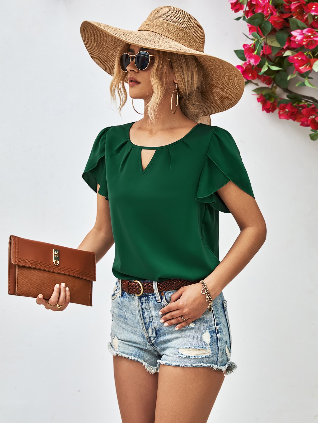 Cutout Round Neck Petal Sleeve Blouse - Flyclothing LLC