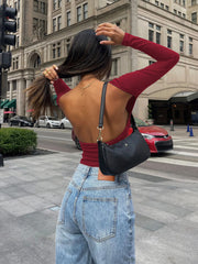 Backless Round Neck Long Sleeve Blouse - Flyclothing LLC